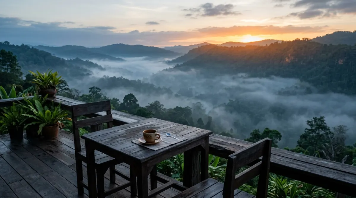 Resort terrace looking out over misty forested hills at dawn