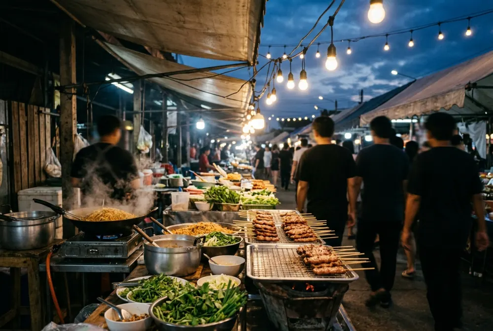 Thai night market food stalls lit by warm bulbs