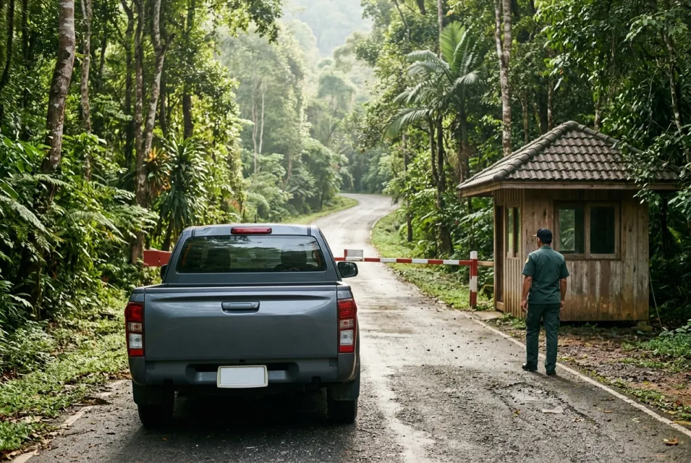 National park checkpoint barrier on a forest road with a ranger booth