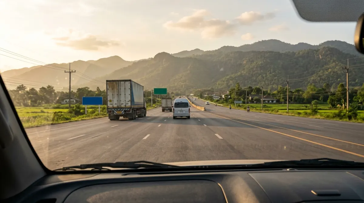 Highway heading out of the lowlands toward forested hills at golden hour
