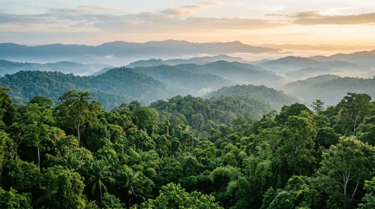 Rainforest canopy and layered mountain ridges in morning mist, Khao Yai region