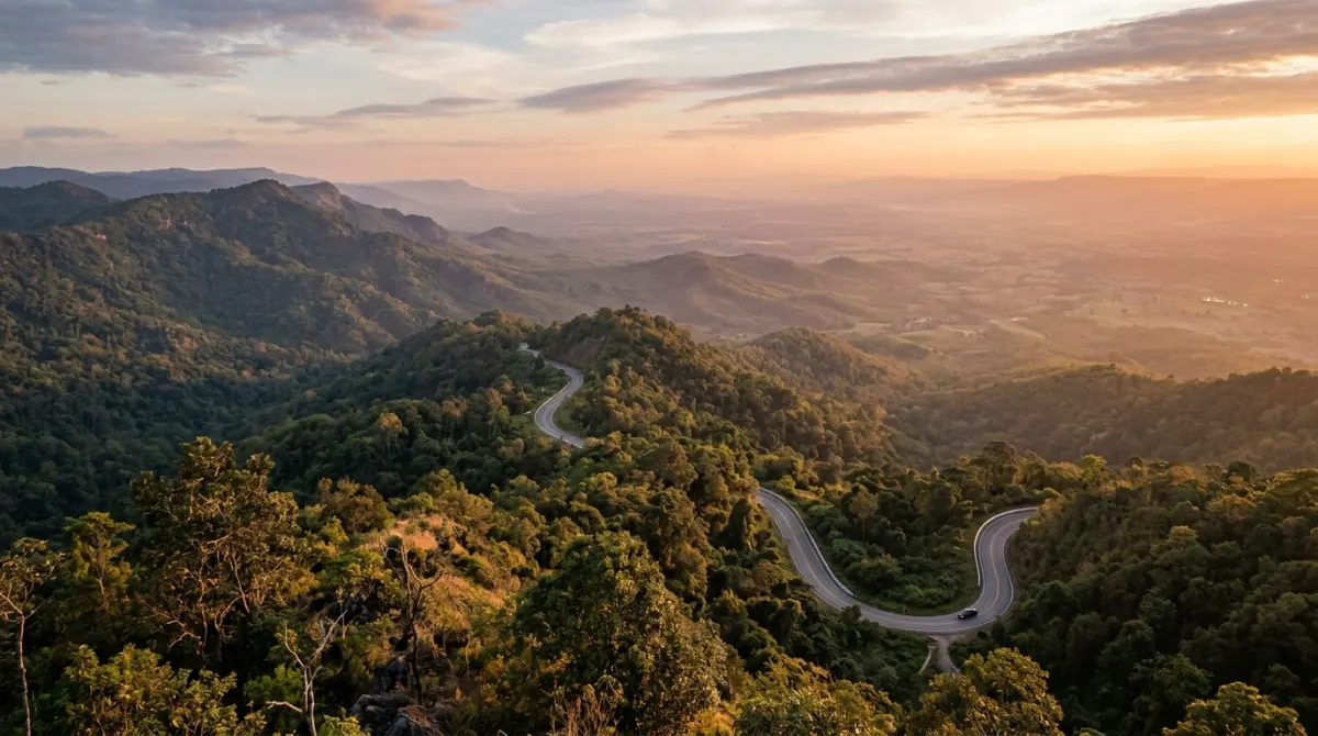 Winding mountain road through forest at golden hour with a valley viewpoint