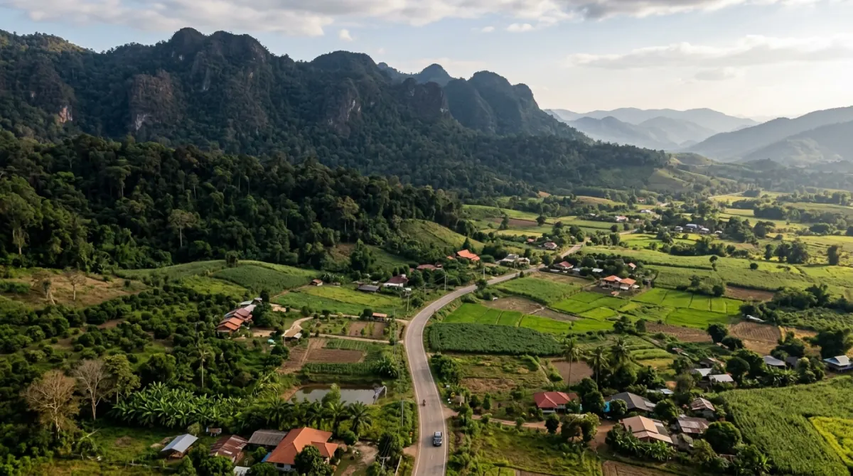Forested national park mountains rising behind cultivated foothills and a rural road