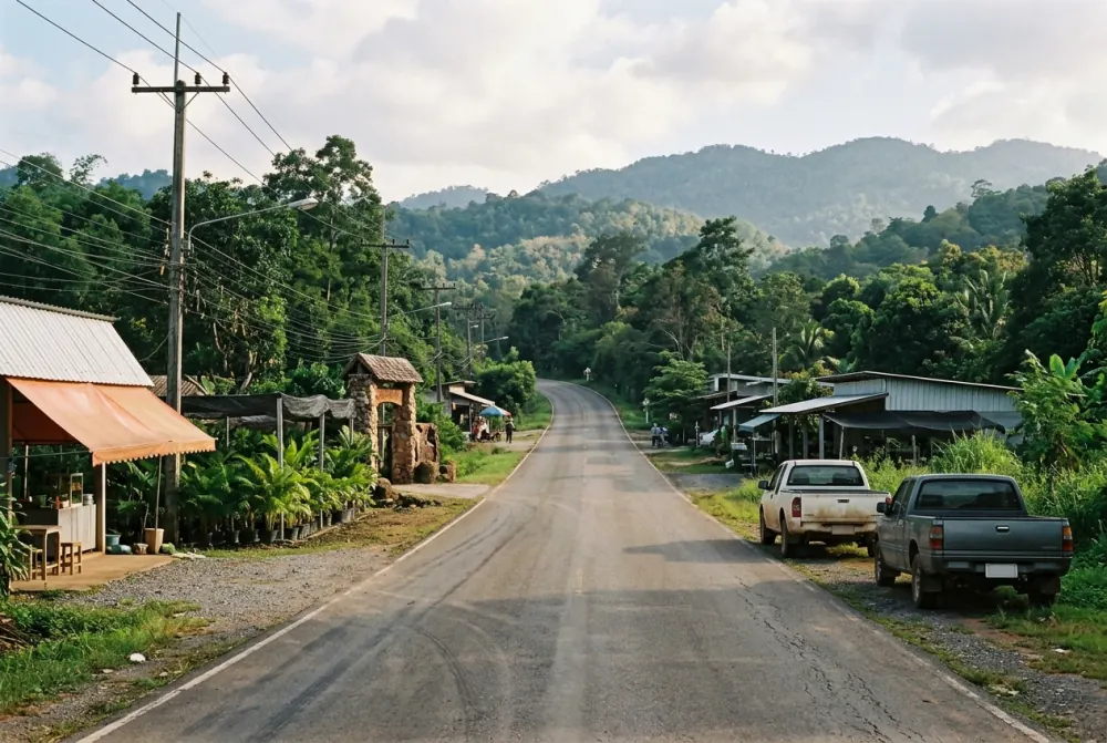 Two-lane rural highway climbing toward forested hills, lined with cafes and farm gates