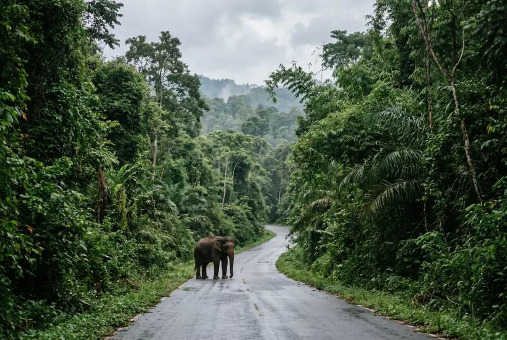 Wild Asian elephant standing on a forest road, seen at a safe distance