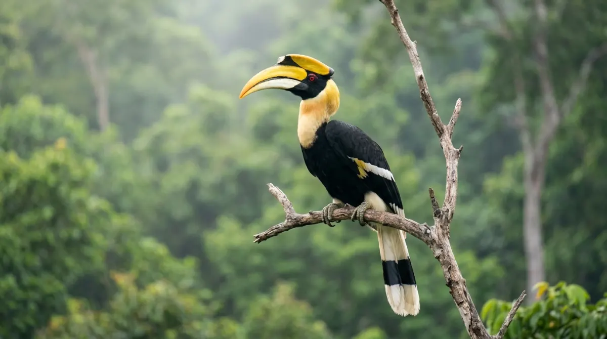 Great hornbill perched high in a rainforest canopy
