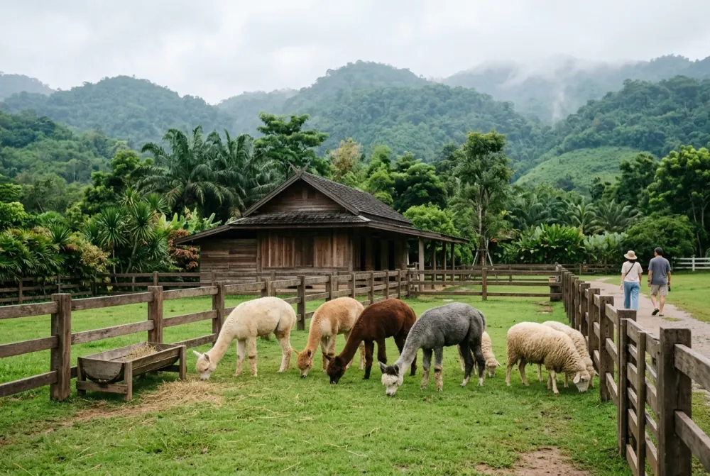 Alpacas and sheep grazing in a green paddock at a visitor farm
