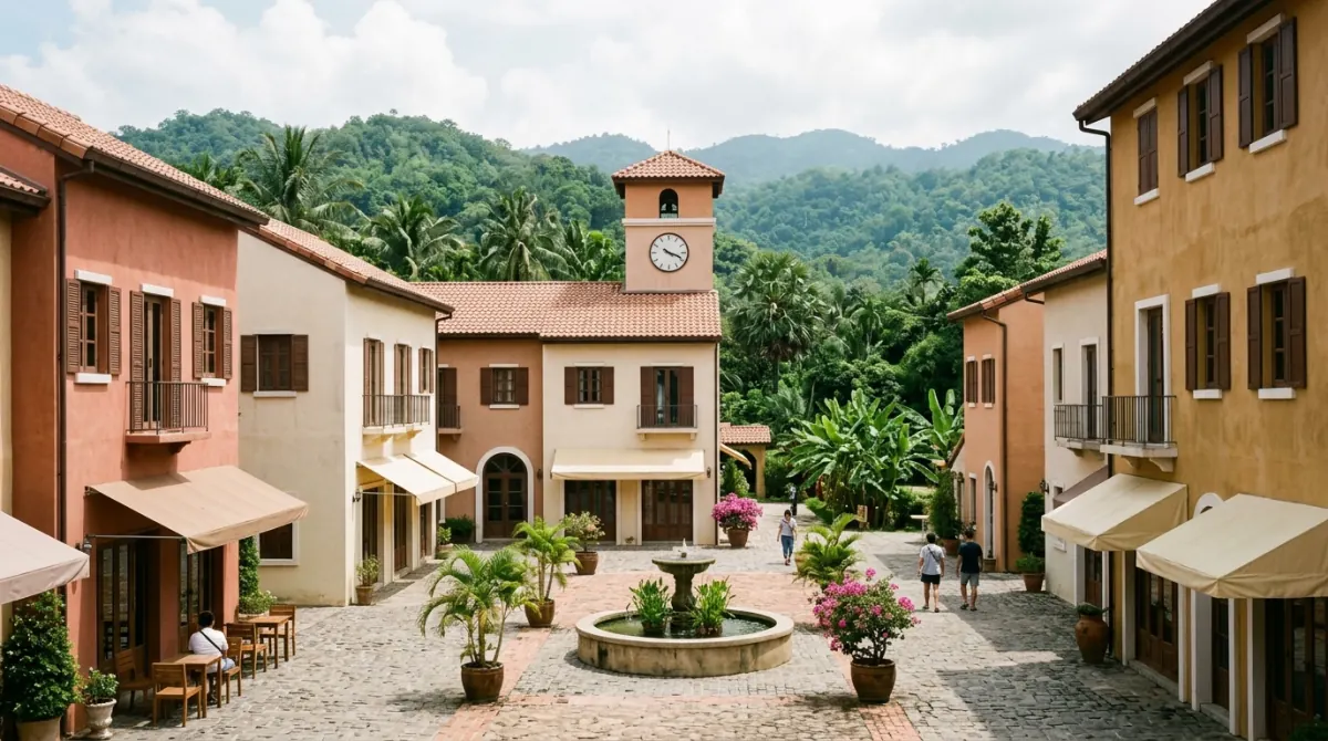 European-styled tourist village with pastel buildings and a clock tower in a tropical setting