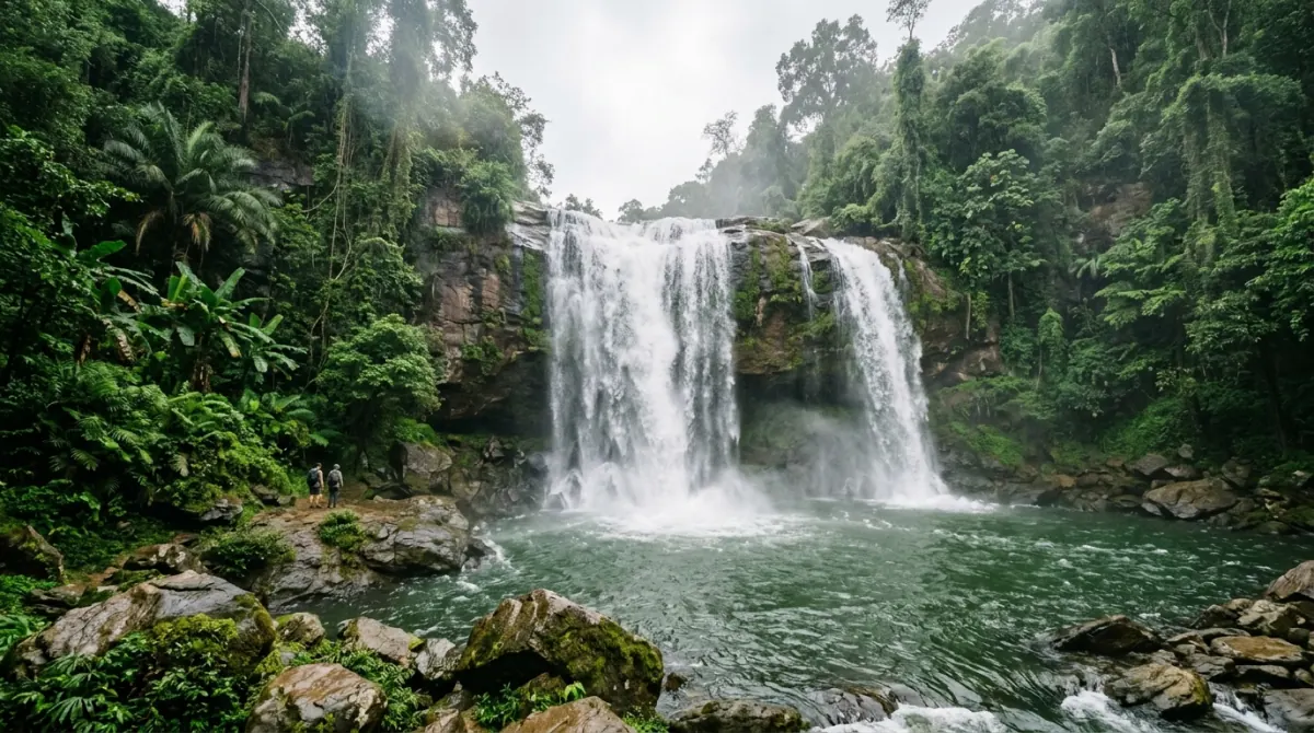 Wide jungle waterfall falling into a plunge pool in the wet season
