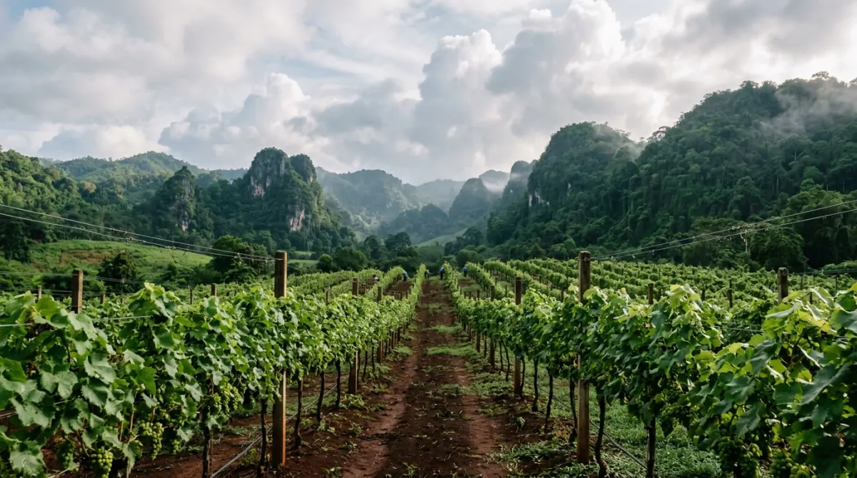 Rows of vines on a highland vineyard with forested hills behind