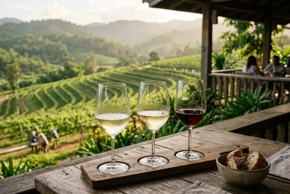 A tasting flight of three wine glasses on a wooden table overlooking vines