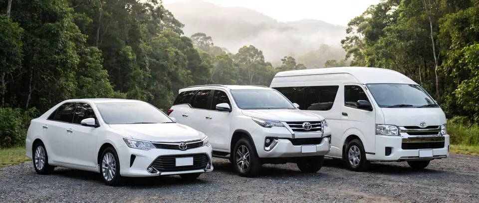 รถเก๋ง SUV และรถตู้สีขาวจอดอยู่ริมป่าเขาใหญ่