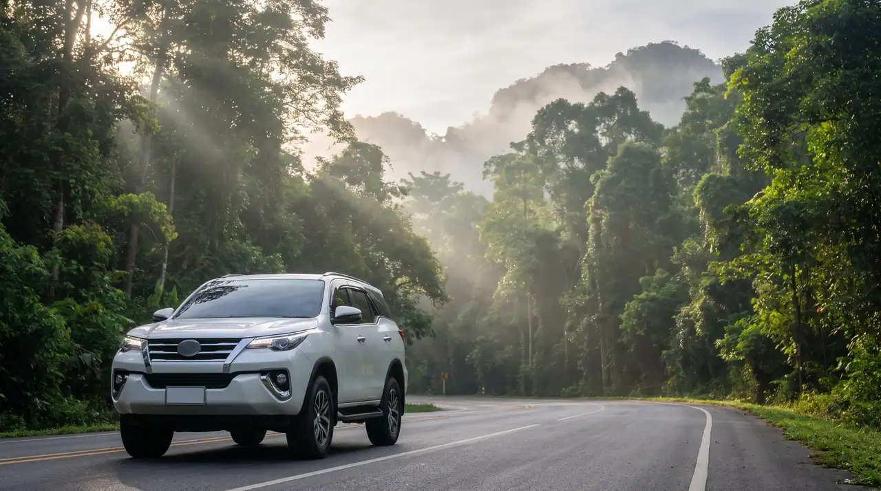 รถ SUV สีขาวบนถนนผ่านป่าไปอุทยานแห่งชาติเขาใหญ่
