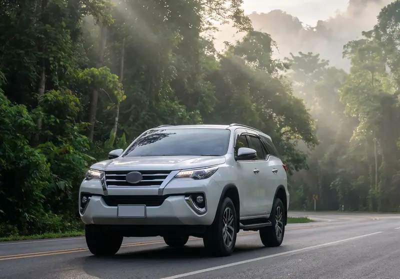 Private taxi, a white SUV, on the forest road to Khao Yai National Park